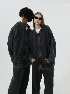 European and American High Street 400G Heavy Washed White Zipper Hooded Jacket Retro Street Fashion Brand Hoodie hoodies