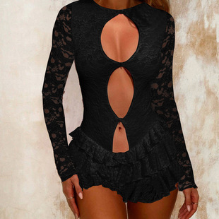 F24DS394 Europe and the United States cross-border women's summer new character hollow lace long sleeve ruffled hip dress
