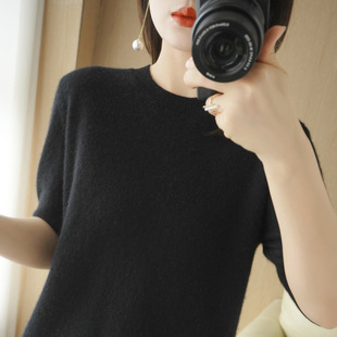 2024 Spring and Autumn Round Neck Wool Short-sleeved Women's Slim-fit Pullover Sweater Fashionable Inner Short-sleeved Base plus size Top