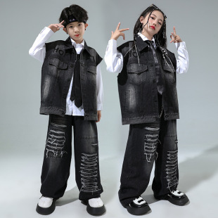 Hip hop children's fashion clothing children's hip hop Denim vest suit boys' hiphop clothing girls' cool handsome performance clothing