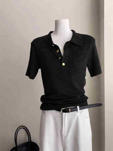 French Style Grey Polo Shirt Ice Silk Knitted Slim-fit Half-sleeve Top Women's Summer Unique Chic Thin Short-sleeve T-shirt