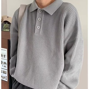 Lazy Style Polo Collar Sweater Men's Loose Fashionable Autumn and Winter All-match Long-sleeved Solid Color Lapel Sweater