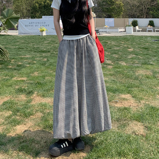 Retro Style Plaid Flower Bud Long Skirt Women's Summer Lazy Style High Waist Loose A- line Hip Covering Slim Shaped Skirt