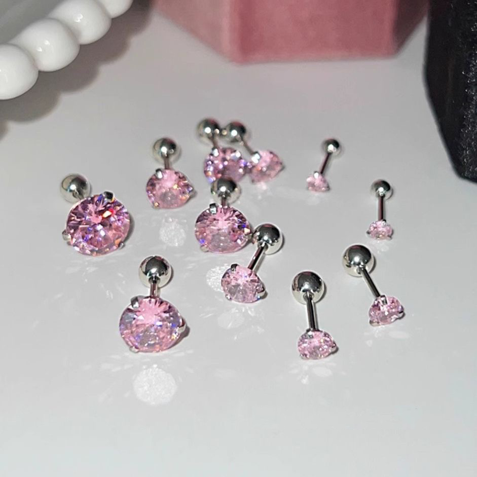 Fairy-Style Niche Instagram Pink Zircon Ear Studs for Women, High-End Feel, Non-Removable Spiral Ear Studs, Ear Accessories