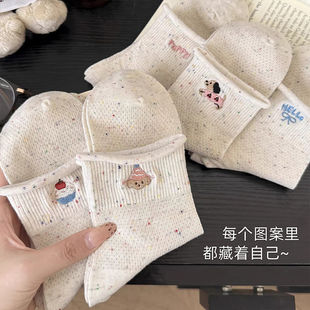 Rolled Edge Socks for Women 2025 New Ins Trendy Socks Summer Breathable Thin Pure Cotton Mid-Calf Socks Cartoon Cute Socks