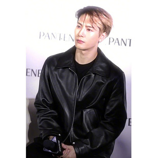 Wang Jiaer Same Style Black Leather Jacket Men's Spring and Autumn American Style pu Leather Motorcycle Jacket Lapel Short Baseball Suit