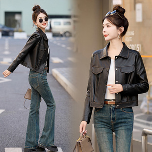 PU Leather Jacket Women's small spring 2024 new motorcycle clothing high-grade temperament short leather jacket top