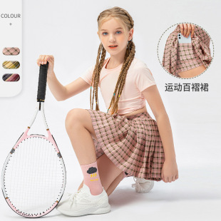 Girls' Sports Tennis Skirt Lined Plaid Pleated Skirt Children's Fake Two-Piece Dance Training Skirt 23409