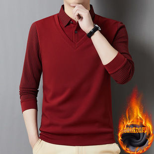 Explosions Fake Two-piece fleece-lined Lel Base Shirt Men's 2024 Winter Middle-aged Dad Thickened Warm Top T-shirt