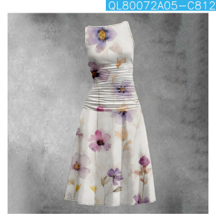 European and American Amazon New Round Neck dress Gentle Sweet Style Sleeveless Irregular Dress Printed dress