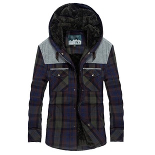 2020 Europe and the United States new cross-border Amazon long sleeve shirt men plus velvet padded plaid hooded shirt factory outlet