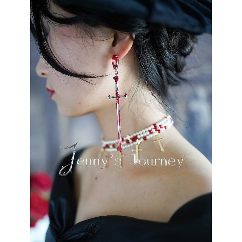 Vampire Gothic Rose Blood-Dripping Cross Sword Holy Sword Earrings Original Design