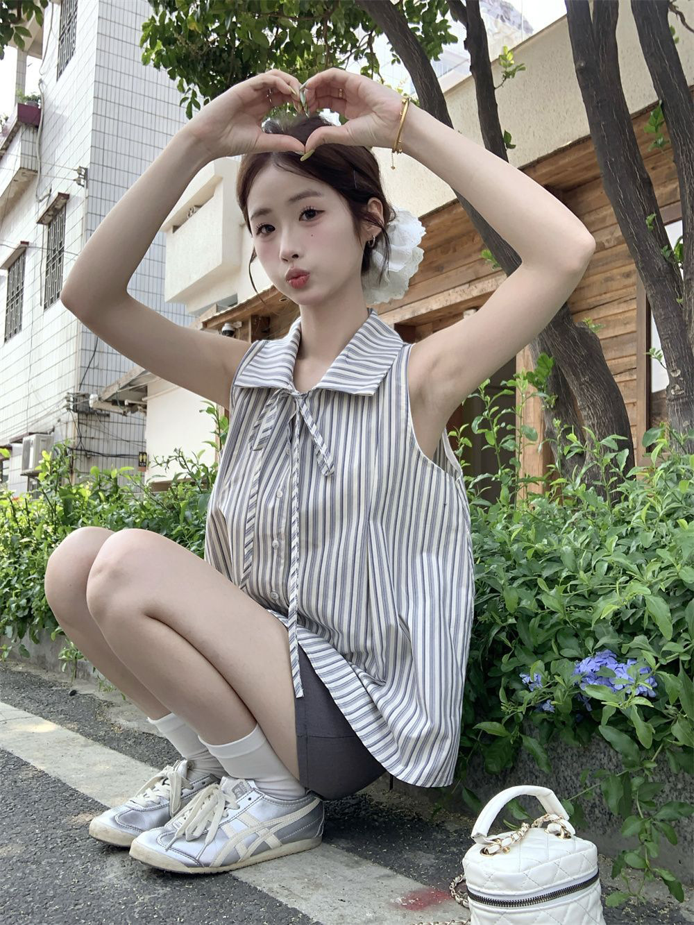공장 도매 디자인 프랑스 고급 줄무늬 활 셔츠 민소매 최고 학생 슬리밍 조끼 여성 여름