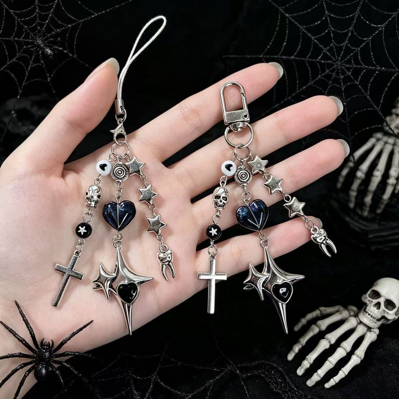 Gothic Style Cross Beaded Phone Chain Pendant, Vintage Dark Punk Style Keychain Bag Pendant Wholesale