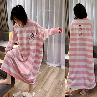 Nightgown Women's Autumn Long Cotton Pajamas Long Sleeve Striped Fruit plus size Loose Pregnant Women's Spring and Autumn chubby girl Home Clothes