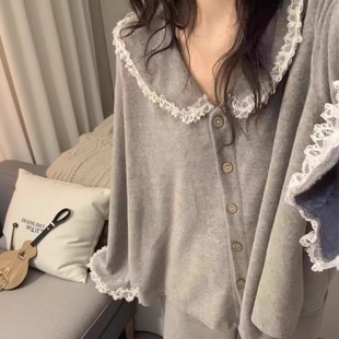 6326 German velvet pure gray lace 2025d winter new pajamas women's online popular French style home clothes warm and soft