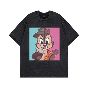 European and American style trend retro wash water T-shirt summer new men's and women's short sleeve INS cartoon printing loose lovers