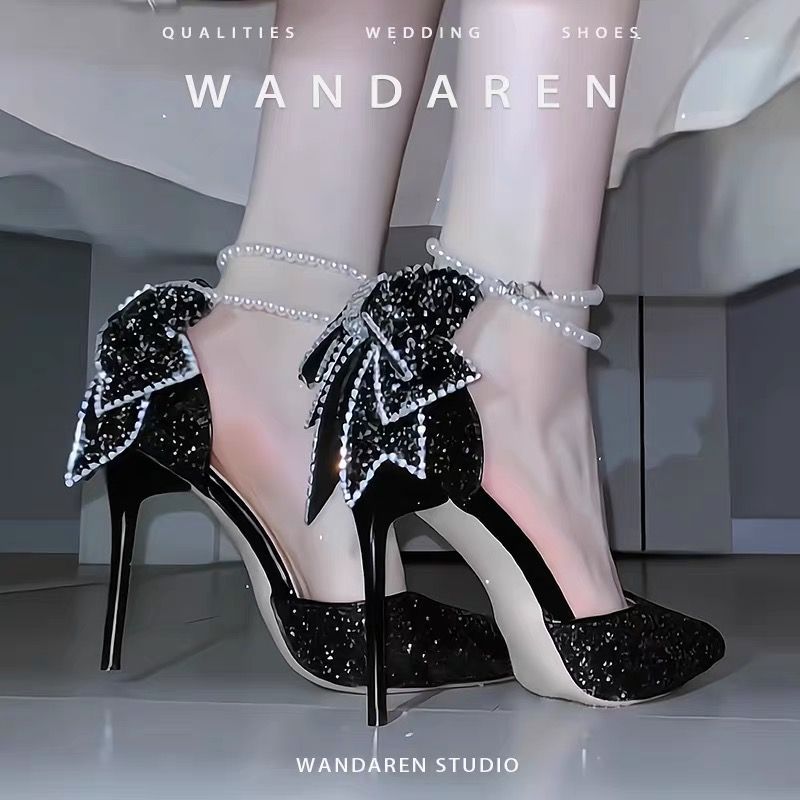 Crystal high heels elegant French wedding shoes stiletto heel pointed toe silver bridal shoes pointed bow women's shoes