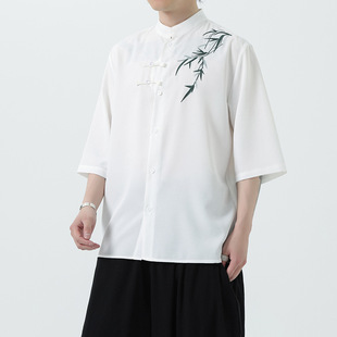 2025 Summer New Bamboo Embroidery Group Buying New Chinese Men's Fashion Short-sleeved Shirt Top Men