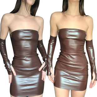 2023 cross-border AliExpress women's fashion is good to take a collar sexy hip nightclub style matte imitation leather dress