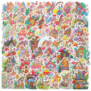 50 Cartoon Painted Mushroom Cabin Stickers Ins Style Notebook Desktop Handbook Graffiti Decorative Stickers Self-Adhesive