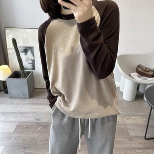 Self-retained recommend! Contrast color stitching raglan sleeve de velvet long sleeve bottoming shirt for women autumn and winter New brushed thickened T-shirt