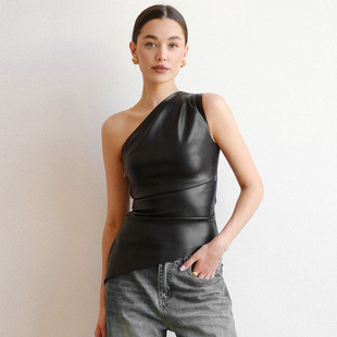 2024 autumn new fashion temperament slant shoulder irregular tight figure leather pleated vest T-shirt top