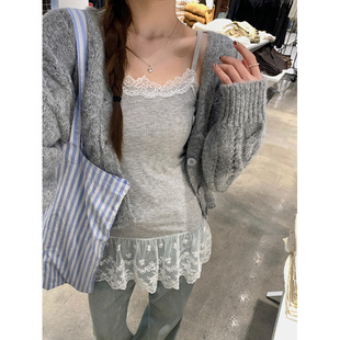 Cotton 260g Sweet Stitching Lace Sling Women's Korean Style Slim-fit Slimming Commuter All-match Round Neck Base