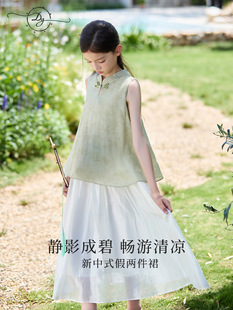 Chinese-Style Girls' Faux Two-Piece Hanfu Dress, New Chinese-Style Button Jacquard Cheongsam Dress, Big Children's Summer Lightweight Breathable Summer Dress