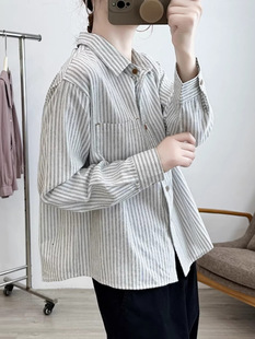 Cotton Striped Lapel Long-sleeved Shirt Loose Autumn Top 2025 New Slim Look Casual Shirt for Spring and Autumn Outer Wear