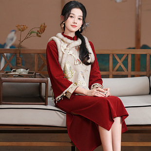 2024 New Retro Art Republic of China Style Corduroy Vest Cheongsam Chinese Style Autumn and Winter Girl Improved dress