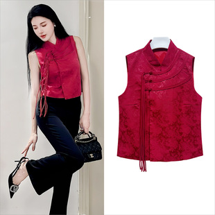 Spring and Summer New Yang Mi Same Style Casual Vest National Style Red Buckle High Collar Vest Top