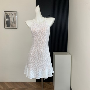 Jiangnan Flower Square White Lace Dress for Children Summer 2025 New Fishtail Sling Style dress