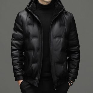 Hooded Down Jacket Men's 2023 Winter New Fashion Fashion Bright Jacket Warm Short Jacket Leather Jacket