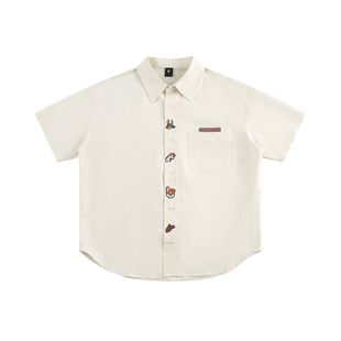 CATTEE Puppy Embroidered Cotton Short-sleeved Shirt for Men and Women Summer College Style Loose All-match Casual Couple Shirt