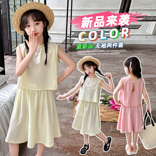Girls' Summer Dress 2024 New Western Style Large Children Sleeveless Loose Top Cotton Linen Skirt Two-piece Set
