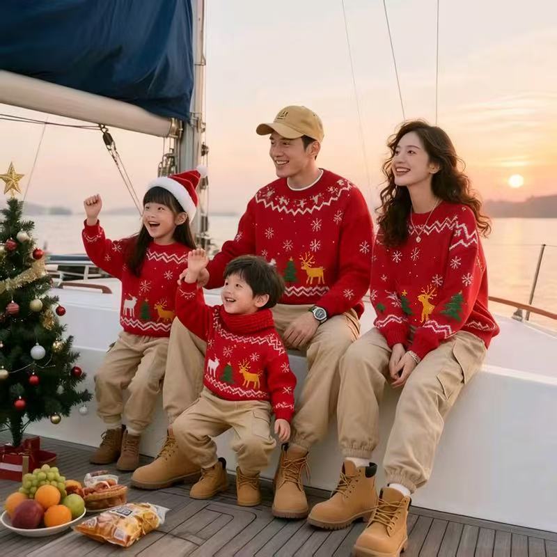 Autumn and Winter Thickened Christmas Reindeer Red Sweater Parent-Child Outfit New Lazy Style Outerwear Loose Set for a Family of Three
