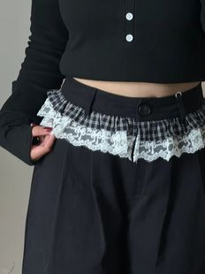 Korean Style Girl's Plaid Lace Black Suit Casual Pants Retro High Waist Loose All-match Wide Leg Pants