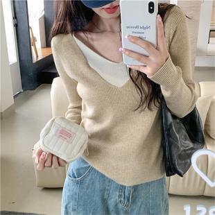 Korean Style Elegant V-neck Fake Two-piece Sweater Base Top Women's Autumn and Winter Design Sense Slim-fit Slim-fit Pullover Sweater