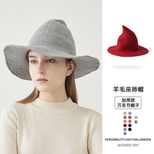 Halloween Personality Witch Hat Pointed Large Brim Wool Knitted Hip-Hop Witch Hat Female European and American Foreign Trade Fisherman Hat