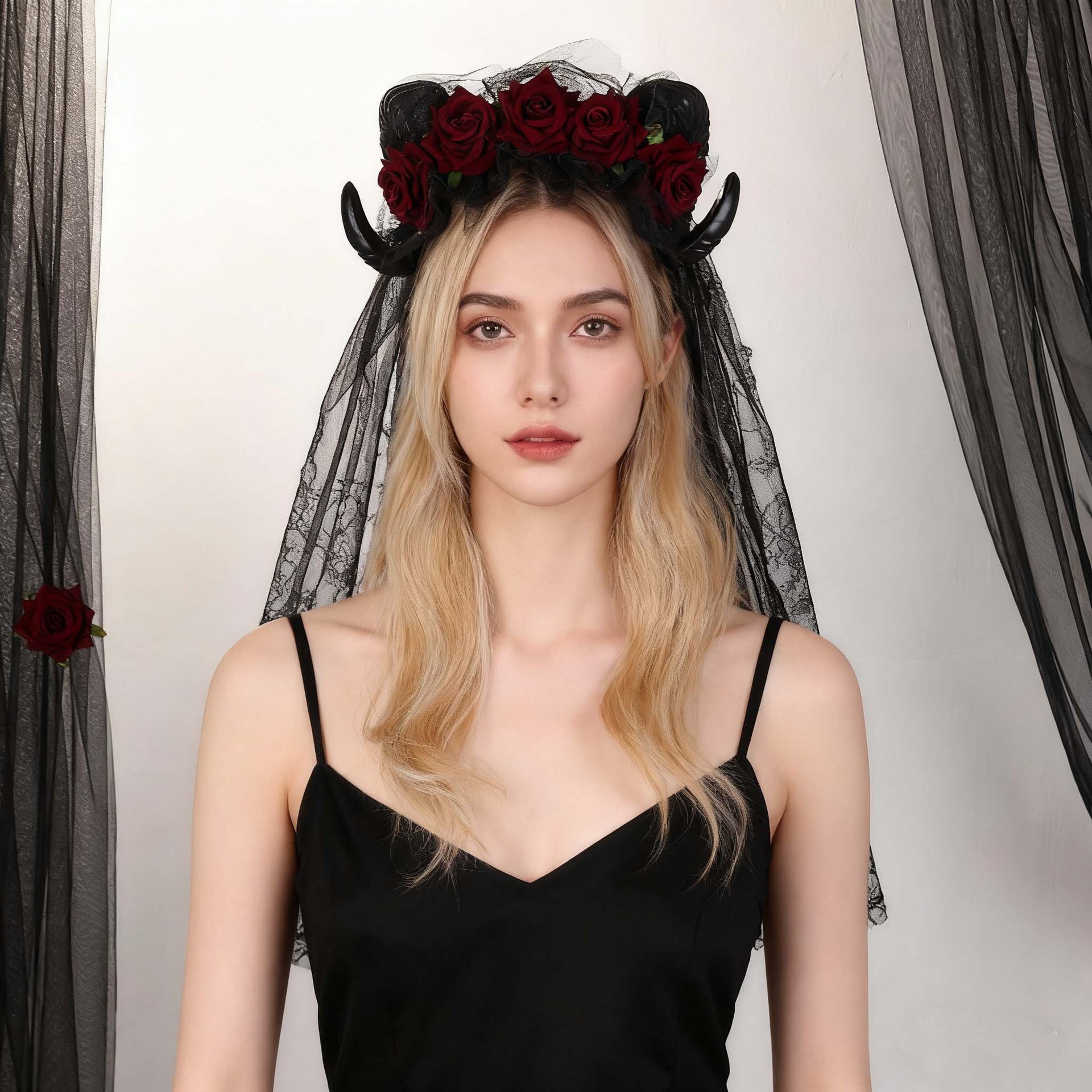 Cos Devil Horns Veil Accessories Simulated Rose Gothic Style Dress-Up Party Headwear Halloween Headband