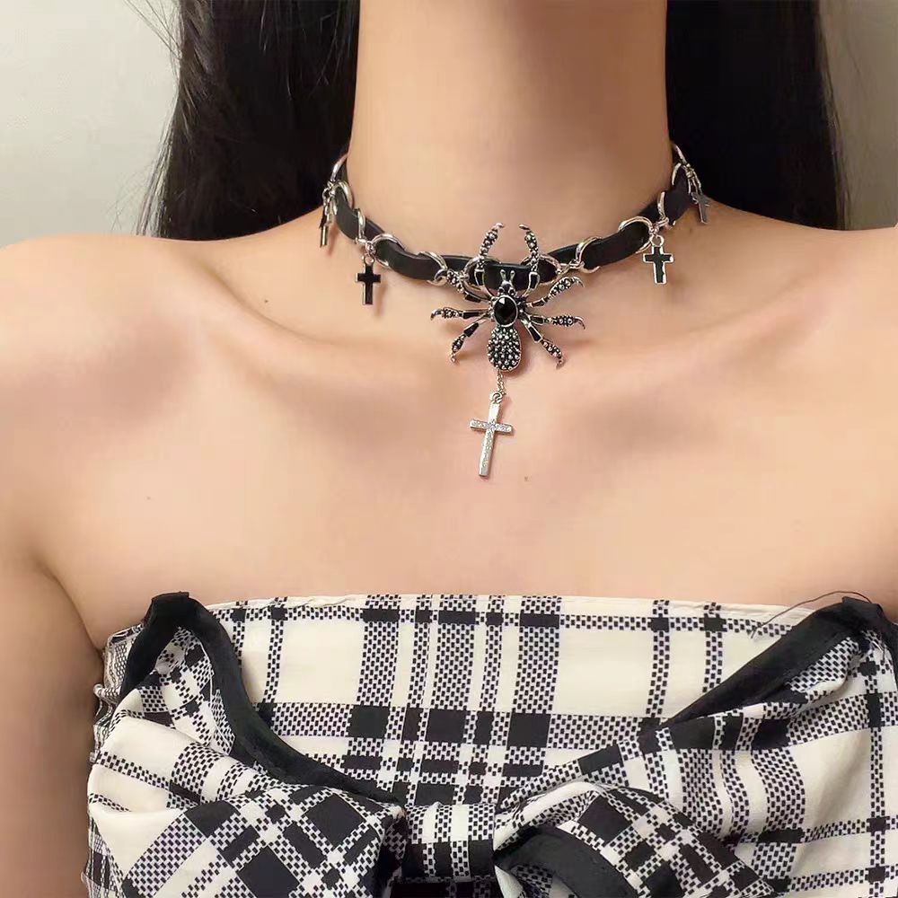 Dark Punk Spider Cross Tassel Necklace Choker Women's Niche Design Choker High-End Clavicle Chain