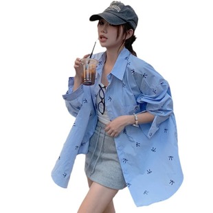 Bow Printed Long-Sleeved Shirt for Women Early Autumn New Polo Collar Loose Mid-Length Niche Sun Protection Cardigan Jacket