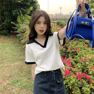 Milk silk slim-fit slimming sexy V-neck short-sleeved women's simple age-reducing color matching shirt short lapel T-shirt