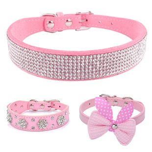 Diamond plum blossom PU pet collar small dog collar rhinestone flower jewelry cat scarf dog leash