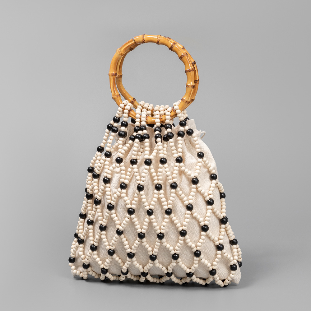 OLEI Bamboo Handle Wooden Bead Bag, European and American Cross-Border Handwoven Bag for Women, Beach Travel and Vacation Handbag