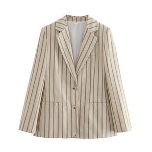 BM & MD & ZA Autumn New Commuter Fashion Women's Suit Laps Loose Retro Vertical Striped Suit Jacket