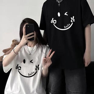 Distinctive Smiley Trendy Brand Couple's T-shirt Summer Women's Short-sleeved Simple Pullover T-shirt Pure Cotton Korean-style Niche Top