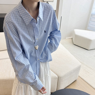 in stock Small Chair Embroidered Plaid Shirt Women 2025 Spring and Summer New Korean Casual Sunscreen Long Sleeve Shirt