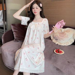 Milk Silk Strip Pajamas Women's Summer Sweet Princess Style Short-sleeved Mid-length Nightgown Plus Size 100.00kg Home Clothes
